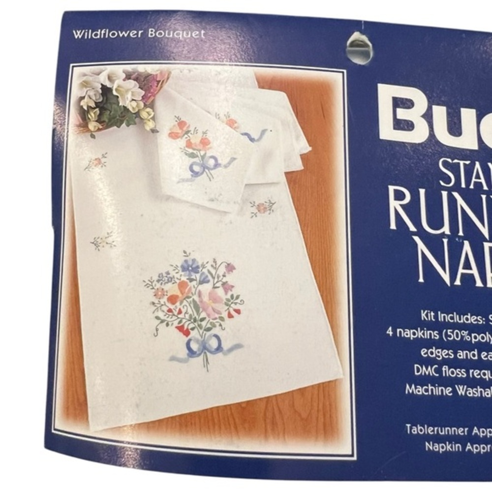 Bucilla Stamped‎ Cross Stitch Table Runner 4 Napkins NEW Wildflower Bouquet 1998